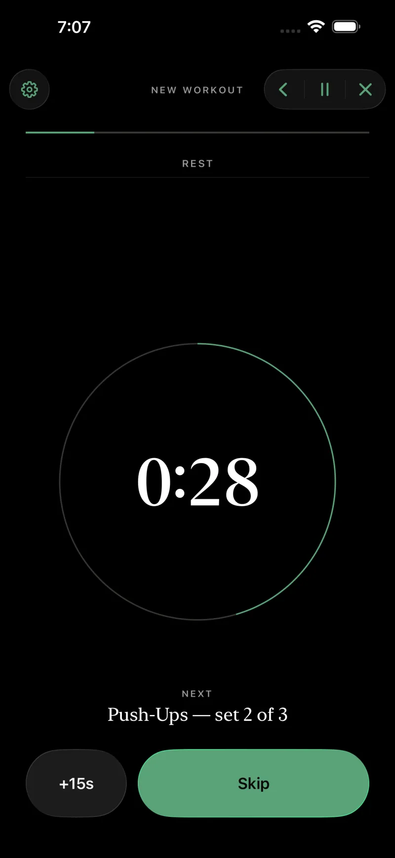 The player resting: a green countdown arc reading 0:22, the label REST above it, and NEXT — Push-Ups, set 2 of 3 beneath, with +15s and Skip buttons.