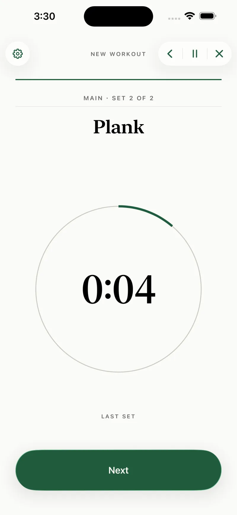 The player running a timed set: the exercise Plank, MAIN · SET 2 OF 2, and a thick green ring most of the way round a countdown reading 0:23.
