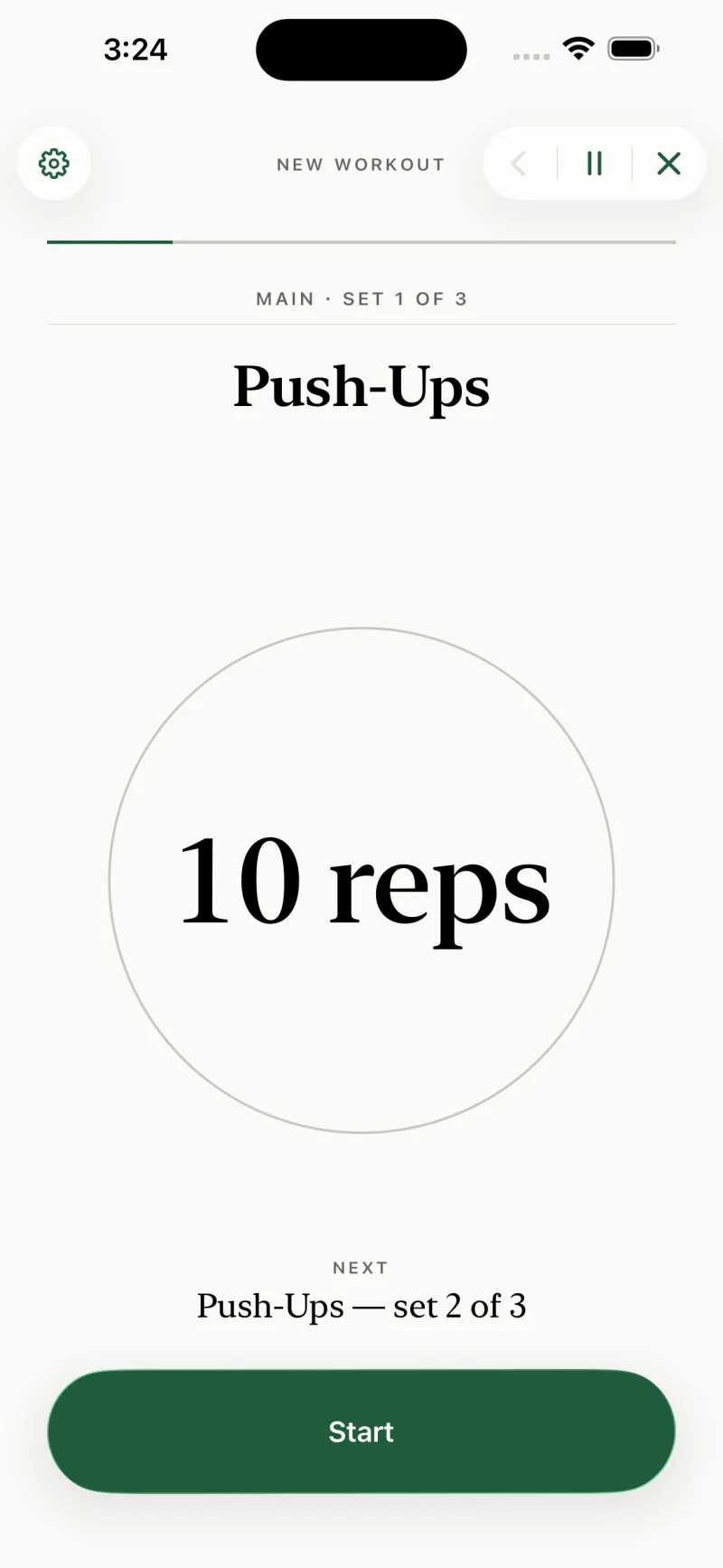 The Simply Train player showing the exercise Push-Ups, the running head MAIN · SET 1 OF 3, and the target 10 reps set very large in a serif face, above a green Next button.