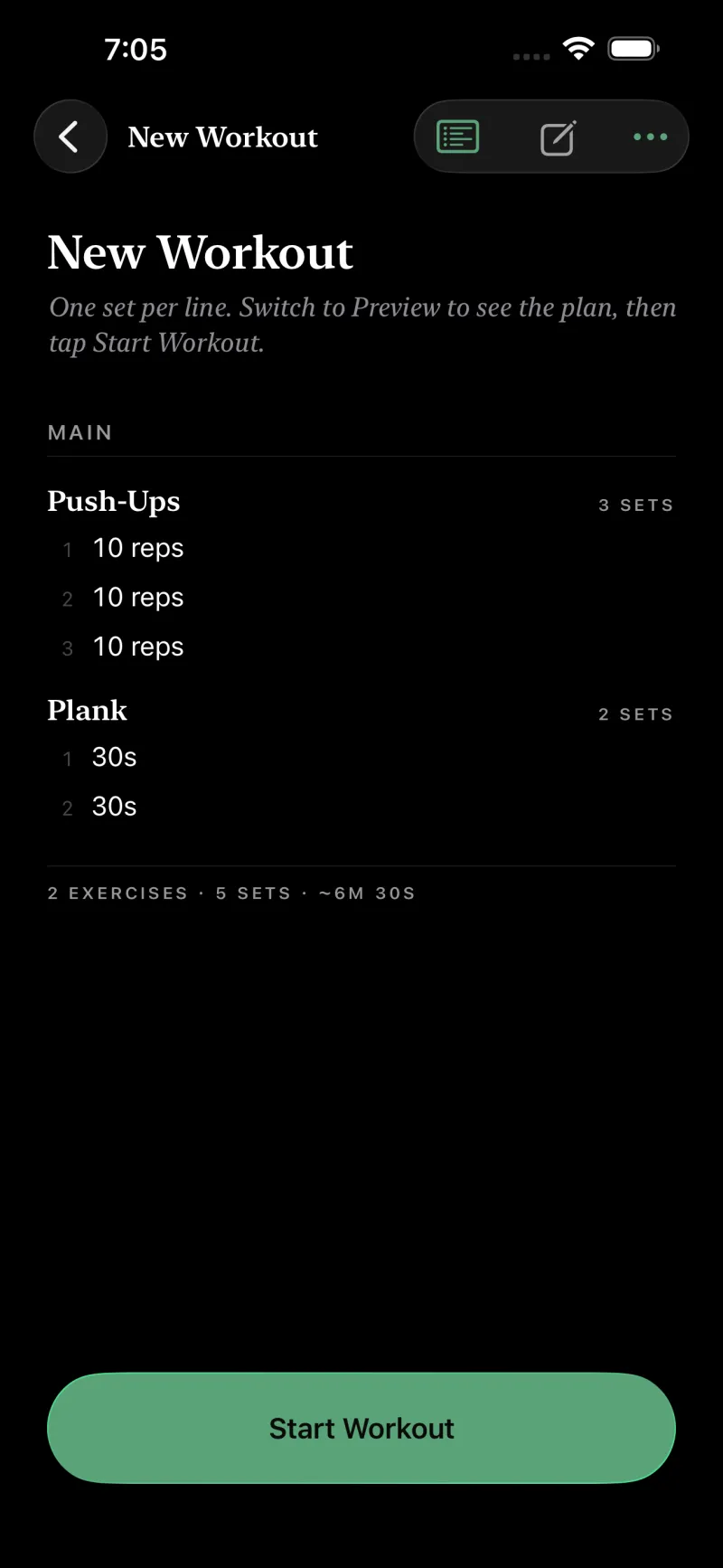 The rendered plan for Upper Body A: sections Warmup and Main set as small-caps headings over hairline rules, each exercise listing its sets as numbered rows such as 12 reps and 10 reps at 12 kg.