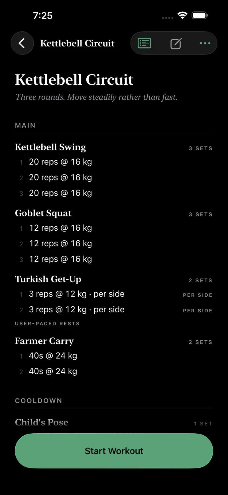 A richer plan rendered by the app: kettlebell swings and goblet squats with their weights, a Turkish get-up marked per side, a timed farmer carry, a user-paced rests marker, and a cooldown section.