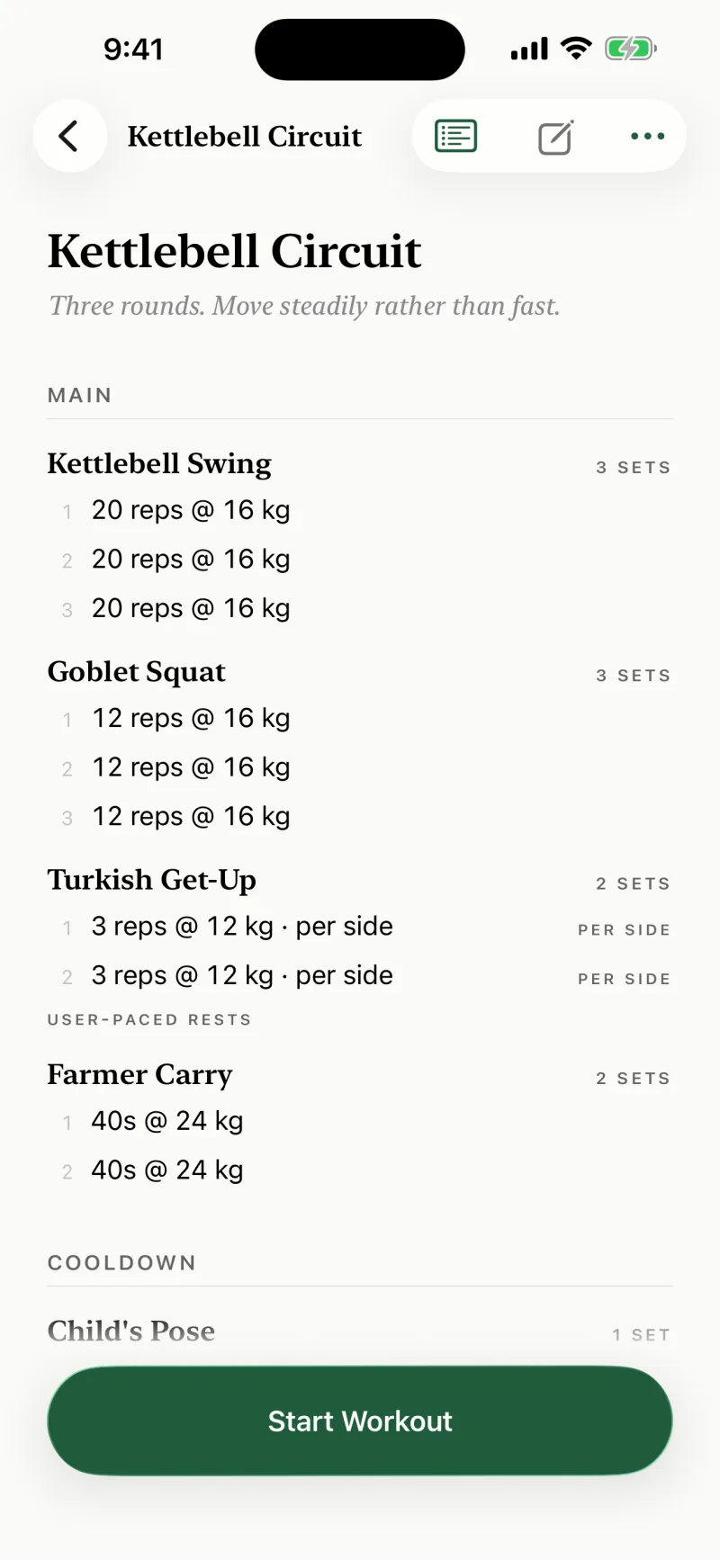 A richer plan rendered by the app: kettlebell swings and goblet squats with their weights, a Turkish get-up marked per side, a timed farmer carry, a user-paced rests marker, and a cooldown section.