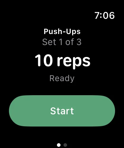 Simply Train on Apple Watch, mirroring the phone: Push-Ups, Set 1 of 3, the target 10 reps, and a green Start button.