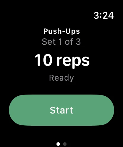 Simply Train on Apple Watch, mirroring the phone: Push-Ups, Set 1 of 3, the target 10 reps, and a green Start button.
