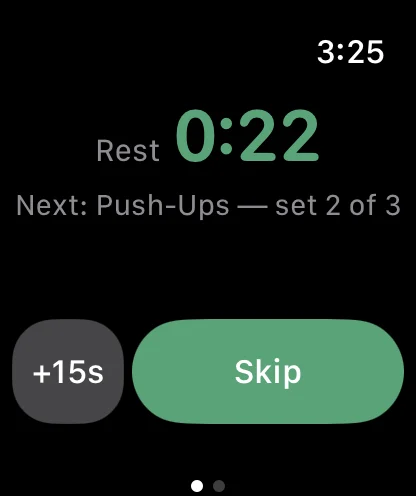 The same rest on Apple Watch at the same moment: Rest 0:22, Next Push-Ups set 2 of 3, and the same +15s and Skip controls.